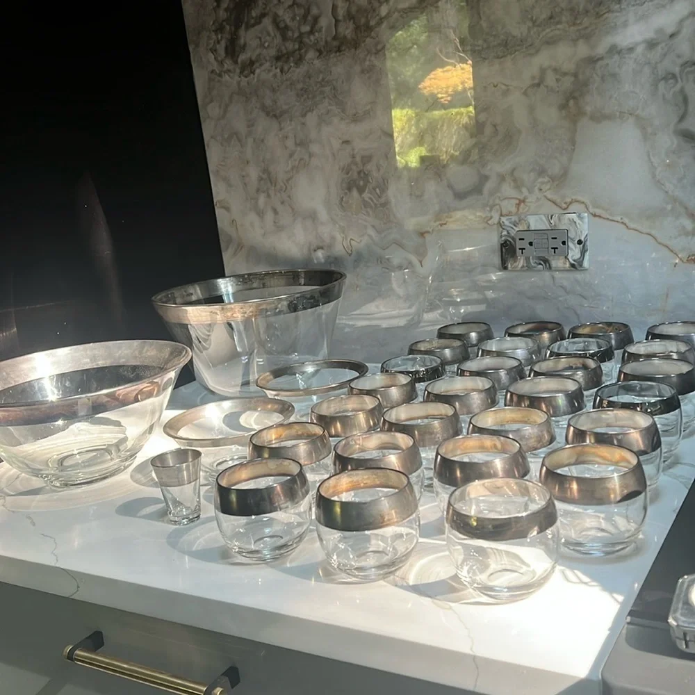 Set of 33 Pieces of Vintage Dorothy Thorpe Silver Rim Set Bowls & Short Glasses
